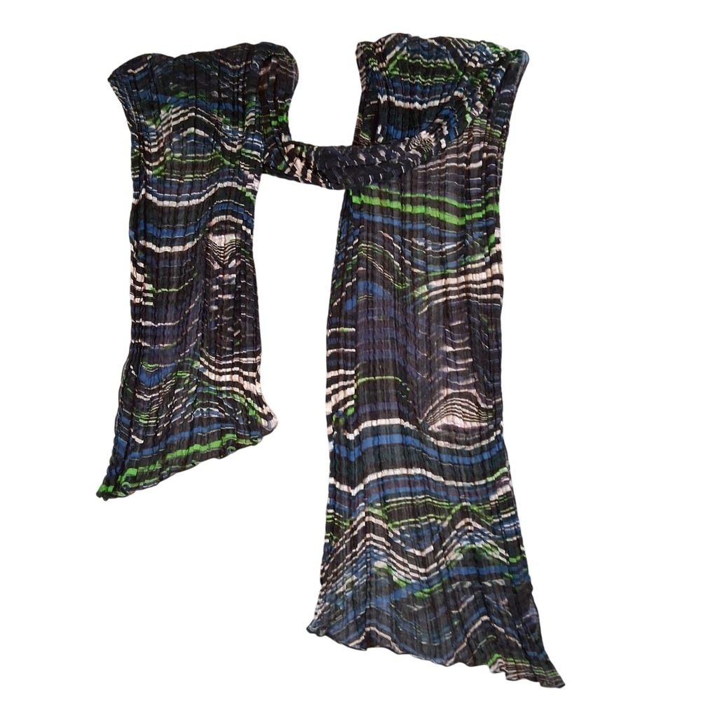 Silvian Heach Women Blue Green Black Abstract Wave Print Pleated Scarf 68"x13"